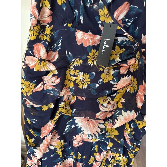 NWT Lulu's Stunning Soiree Navy Blue Floral Print Ruched Midi‎ Dress Lined Large - Picture 9 of 10